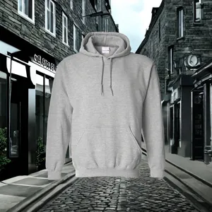 Grey hooded sweatshirt shown against a historic cobblestone street background