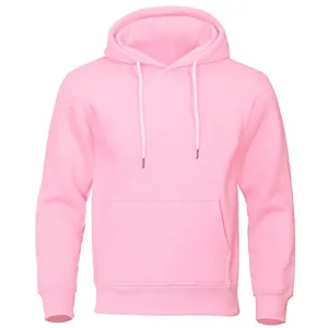 Front view detail of a light pink fleece hooded sweatshirt with pouch pocket