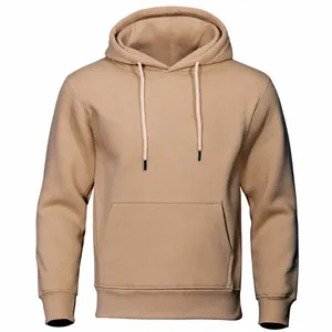 Close-up view of a solid tan unisex fleece hoodie with a front kangaroo pocket.