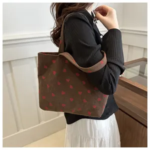 Japanese style corduroy underarm tote bag with cute red strawberry print for daily use