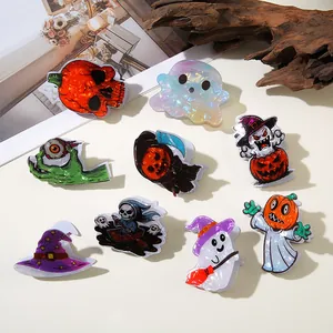 Collection of creative Halloween hair claw clips featuring pumpkin, ghost, and skull designs.