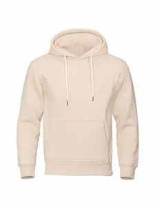Minimalist cream fleece pullover hoodie with drawstring hood and front pocket