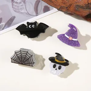 Creative Halloween hair clips set featuring bat witch hat spider web and skull motifs