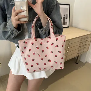 Japanese style cute strawberry print corduroy tote bag with large capacity for school and work