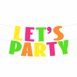 Detailed macro view of the vibrant 'LET'S PARTY' fluorescent hanging paper banner decoration