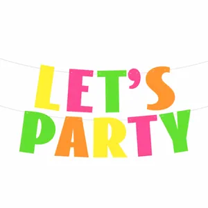 Detailed macro view of the vibrant 'LET'S PARTY' fluorescent hanging paper banner decoration