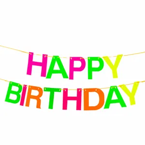 Detailed view of neon fluorescent Happy Birthday paper banner with colorful letters
