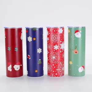 Detailed view of four 20oz Christmas slim tumblers with festive prints and clear lids