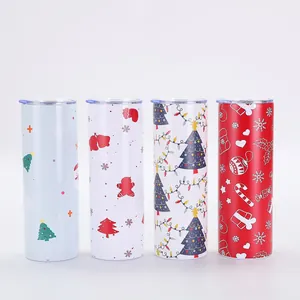 Set of four Christmas themed 20oz vacuum insulated tumblers with festive patterns.