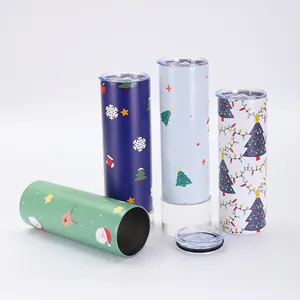 Variety of 20oz Christmas insulated tumblers with festive patterns and lids