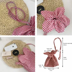 Red and white checkered mini crossbody phone bag with petal drawstring design
