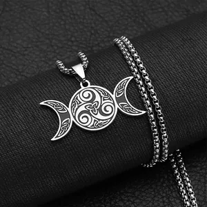 Collier Pendentif Nœud Celtique Triple Lune en Acier Inoxydable Bijoux Mysticisme Gothique Nordique pour Hommes Femmes