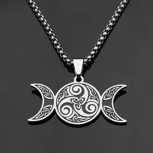Collier pendentif nœud celtique et double lune en acier inoxydable pour hommes et femmes