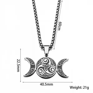 Collier avec pendentif triple lune et nœud celtique en acier inoxydable, chaîne 60cm