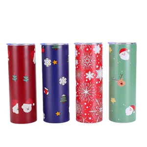 Set of 4 Christmas themed 20oz stainless steel skinny tumblers with festive holiday patterns