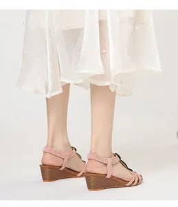 Elegant pink wedge sandals with retro Roman style and thick sole for summer.