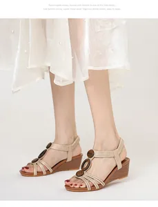 Vintage women's wedge sandals with apricot straps and decorative wooden rings detail