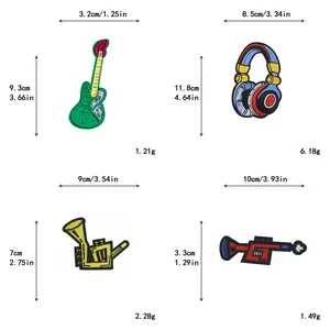 Detaillierte Maße und Gewichte der Musikinstrument-Stickpatches für DIY-Kleidung.