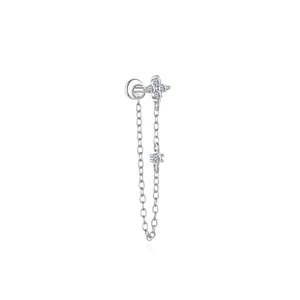 Close-up detail of S925 sterling silver tassel earring featuring a moissanite flower design