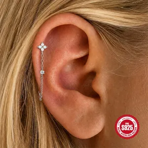 Elegant S925 sterling silver clover moissanite tassel earring for cartilage piercing