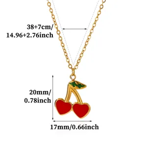 Detailed dimensions of cherry heart pendant necklace with 38+7cm adjustable chain