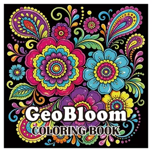 GeoBloom Mandala Malbuch für Erwachsene mit bunten Blumenmustern auf schwarzem Cover