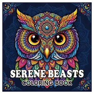 Malbuch für Erwachsene Serene Beasts mit buntem Eulen-Mandala-Design und Illustration