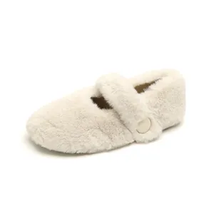 Elegante witte imitatiebont platte Mary Jane schoenen voor dames met warme wintervoering