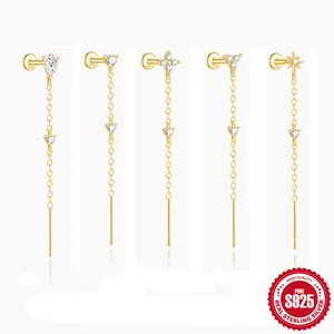925 Sterling Silver Tassel Threader Earrings For Women Gold Plated AAAAA Cubic Zirconia Flower Star Drop Dangle Piercing Jewelry