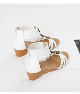Elegantes sandalias de cuña blancas para mujer con cremallera trasera y diseño de tiras