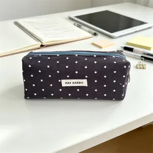 Navy canvas pencil case with white star pattern and zipper for student stationery