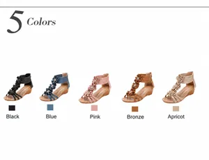 Detailed view of bohemian wedge sandals with floral accents in five different colors.