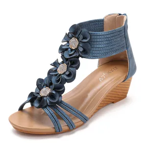 Elegant bohemian blue wedge sandals for women with 3D floral decorations and back zipper