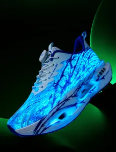 Detailed view of luminous men's running shoes with blue glow in the dark and popcorn sole