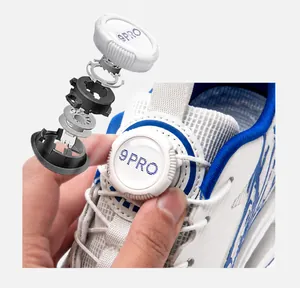 Detail of breathable running shoe featuring a technical rotary knob for custom tension.