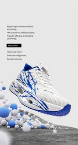 Close-up of white and blue popcorn sole running shoe with 75% energy return rate
