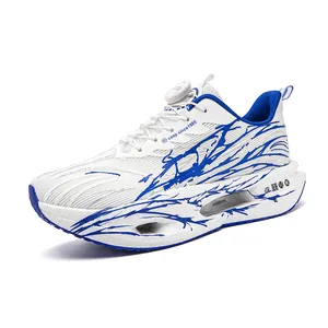 Stylish blue and white breathable mesh running shoes with popcorn sole and quick lace dial