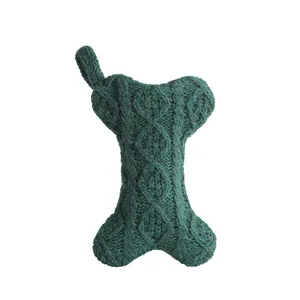Dark green cable-knit bone-shaped Christmas stocking for pet-themed holiday decor