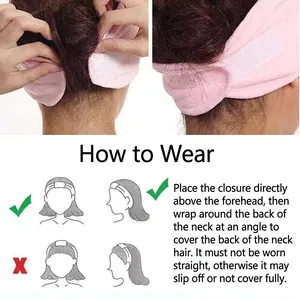 Instructional diagram showing how to wear the pink velcro face wash headband correctly.