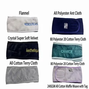 Detailed view showing different fabric materials for spa headbands like flannel and waffle