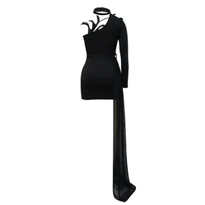 Detail view of black one-shoulder mini dress with feather trim and sheer mesh train.