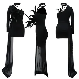 Sexy black off-shoulder bodycon dress featuring feather details and long mesh train.