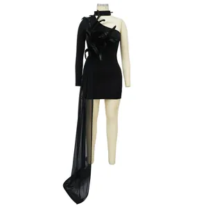 Sexy black one-shoulder mini dress featuring elegant feather trim and a long sheer mesh trail