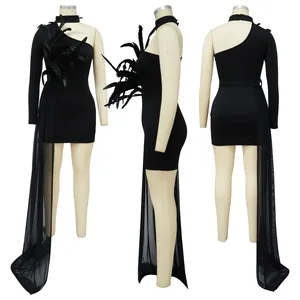 Three-angle view of black one-shoulder dress with feather trim and long mesh train.
