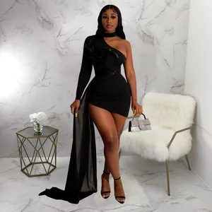 Sexy black one-shoulder mini dress with long side train and slim waist fit