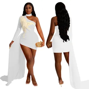 Elegant white one-shoulder bodycon mini dress with feather detail and long train.