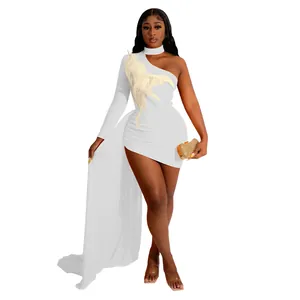 Sexy white one-shoulder mini dress with asymmetrical feather detail and long chiffon train.