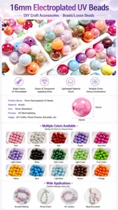 Detail view of 16mm UV plated acrylic beads in various colors for DIY jewelry.