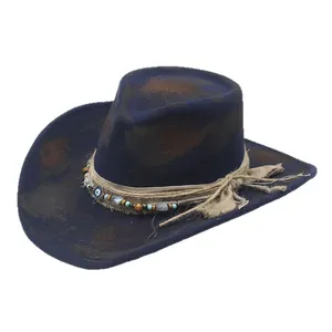 Vintage distressed blue cowboy hat with Meillard tones and evil eye bead decor