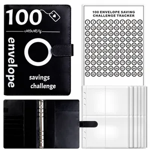 Black 100 envelope savings challenge binder with tracker and clear pocket inserts.